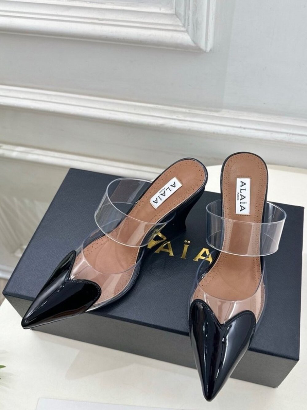 Women's Transparent Strap High-Heel Mules with Heart Detail